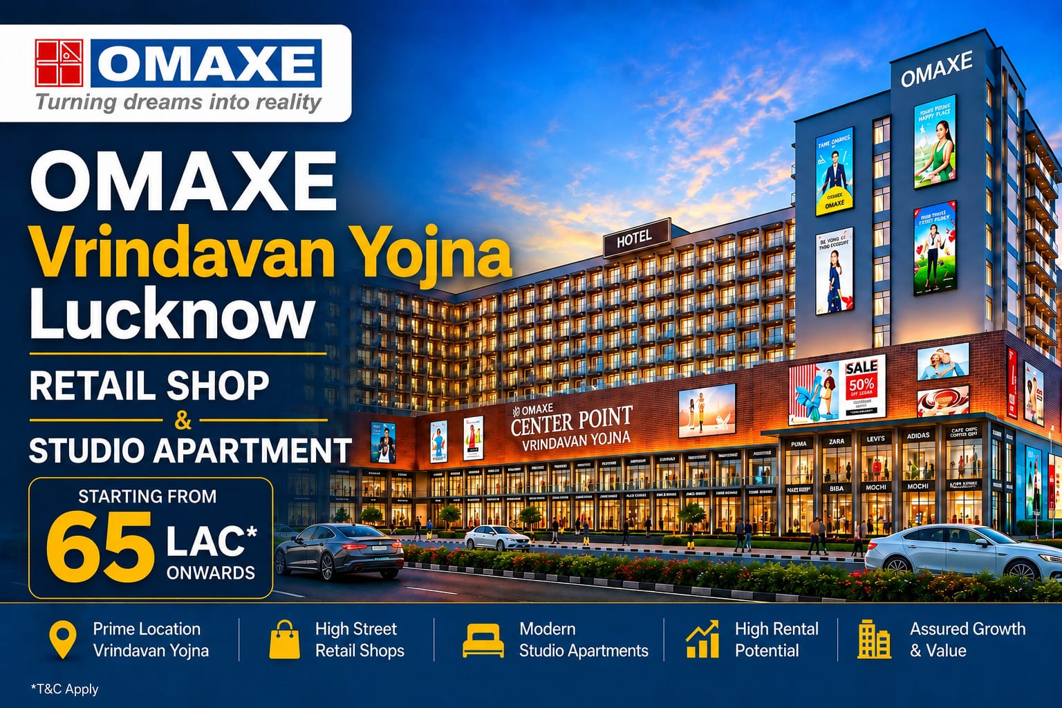 omaxe centre point vrindavan yojna lucknow featuring premium retail shops high street commercial spaces studio apartmenthotel and investment property with high rental property